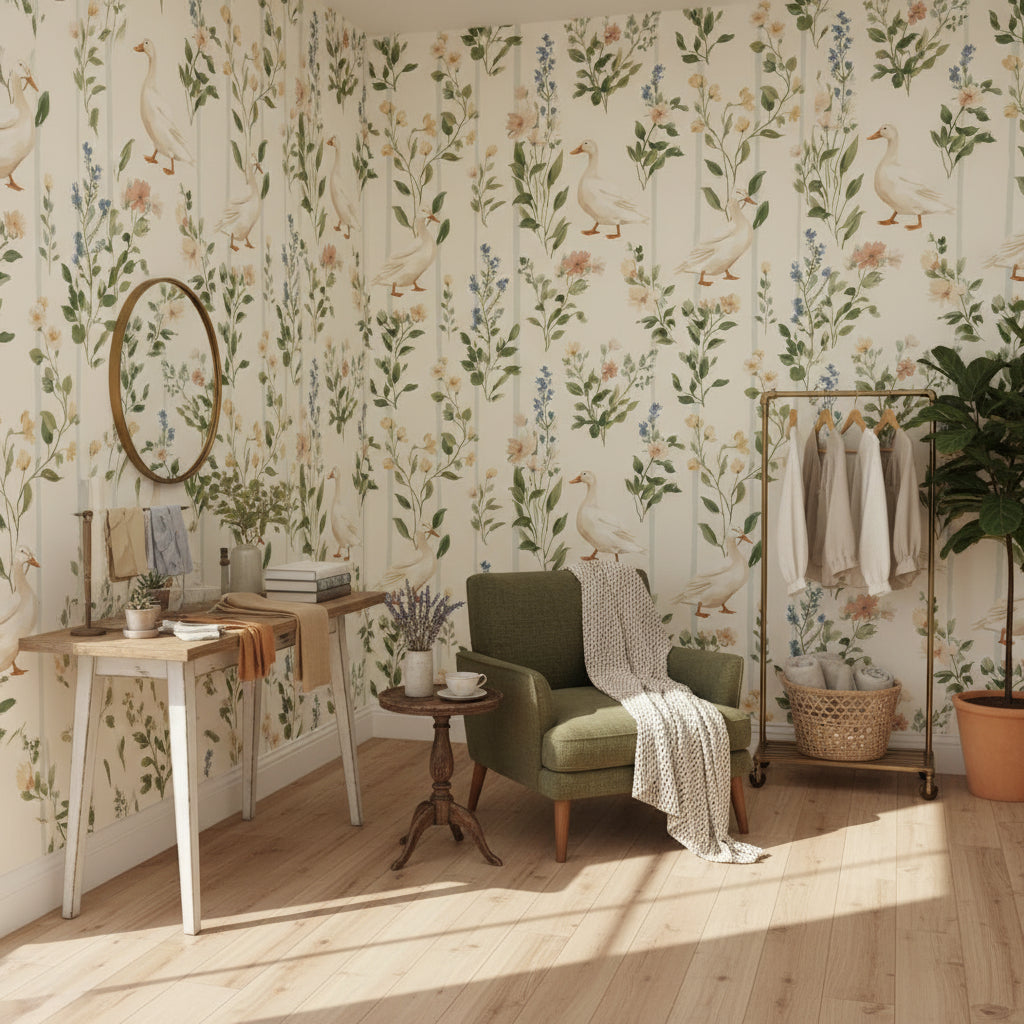 Cream Wildflower and Duck Floral Wallpaper