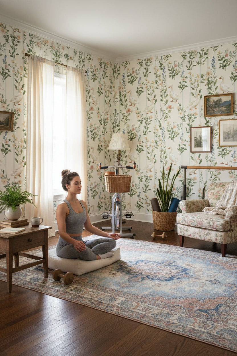 Cream Wildflower and Duck Floral Wallpaper