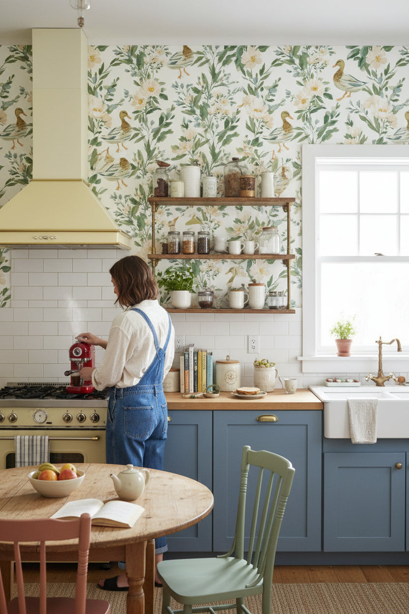 White and Green Botanical Bird Motif Wallpaper