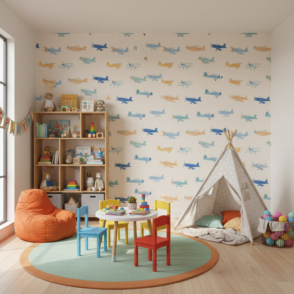 Cream and Blue Cartoon Airplanes Kids Wallpaper