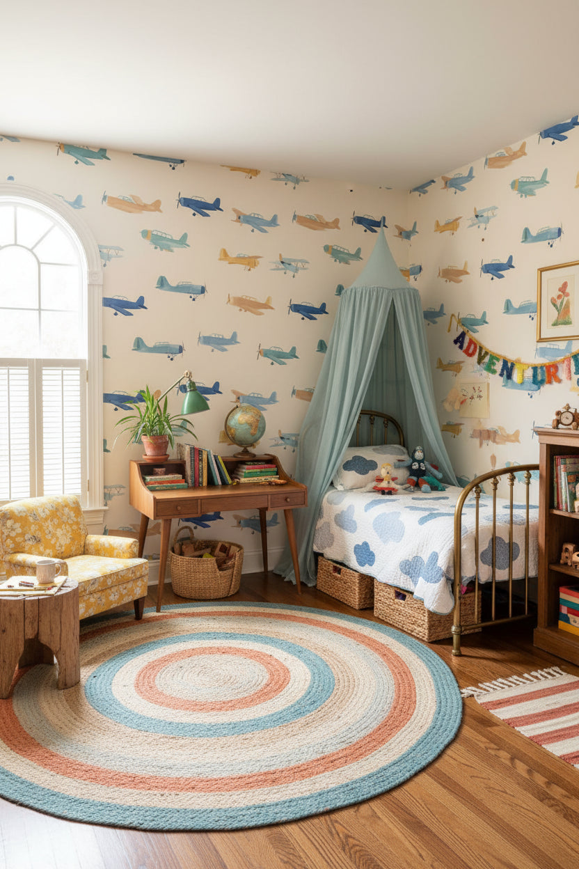 Cream and Blue Cartoon Airplanes Kids Wallpaper