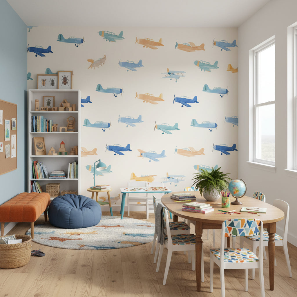 Cream and Blue Cartoon Airplanes Kids Wallpaper