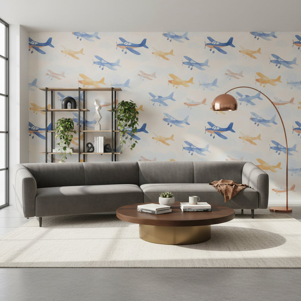 Playful Blue and Yellow Airplane Kids Wallpaper