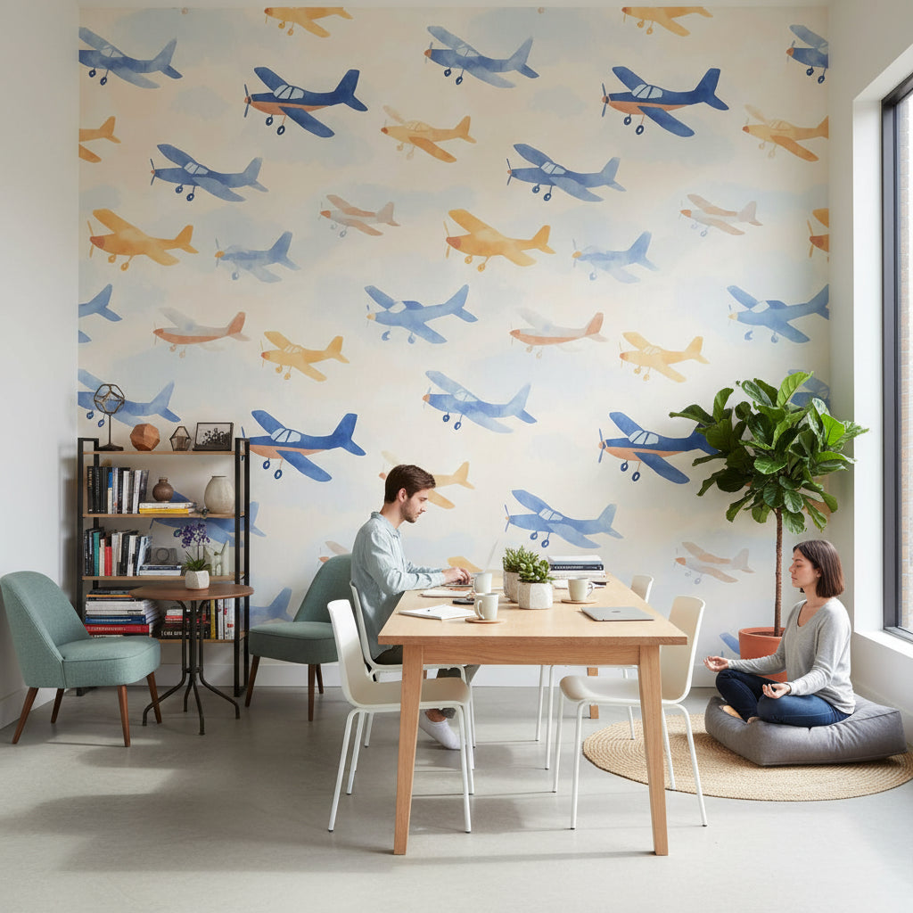Playful Blue and Yellow Airplane Kids Wallpaper