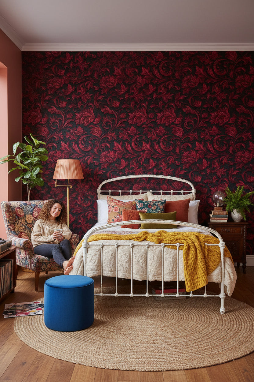 Rich Red Large Floral Pattern Wallpaper