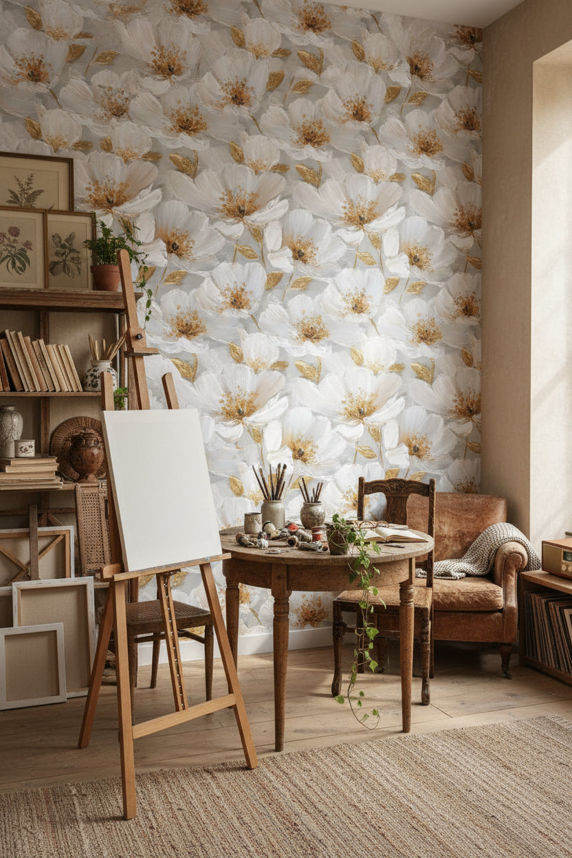 Soft Gray and Golden Look Large Floral Wallpaper