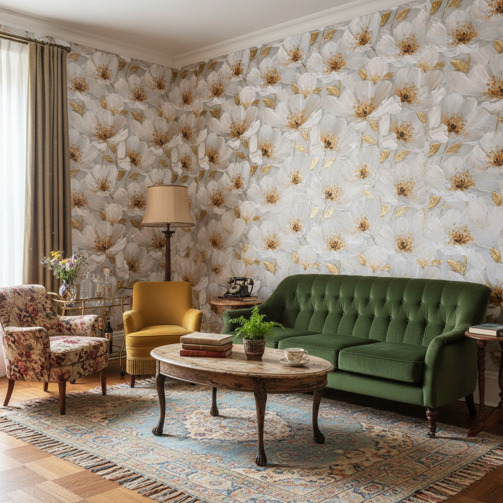 Soft Gray and Golden Look Large Floral Wallpaper