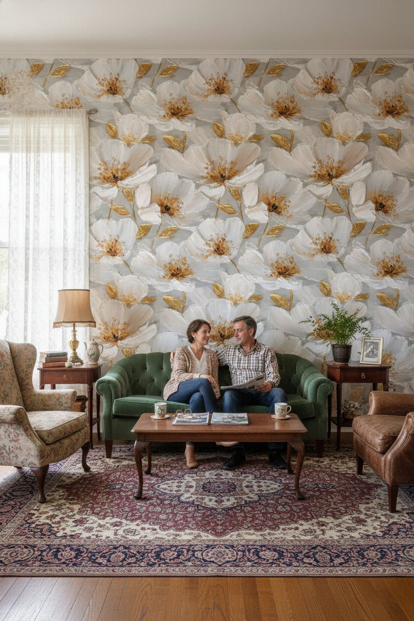 Floral Wallpaper White Flowers Gold Accents Removable Wall Decor