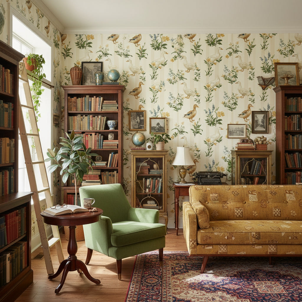 Cream Botanical Birds and Leaves Wallpaper