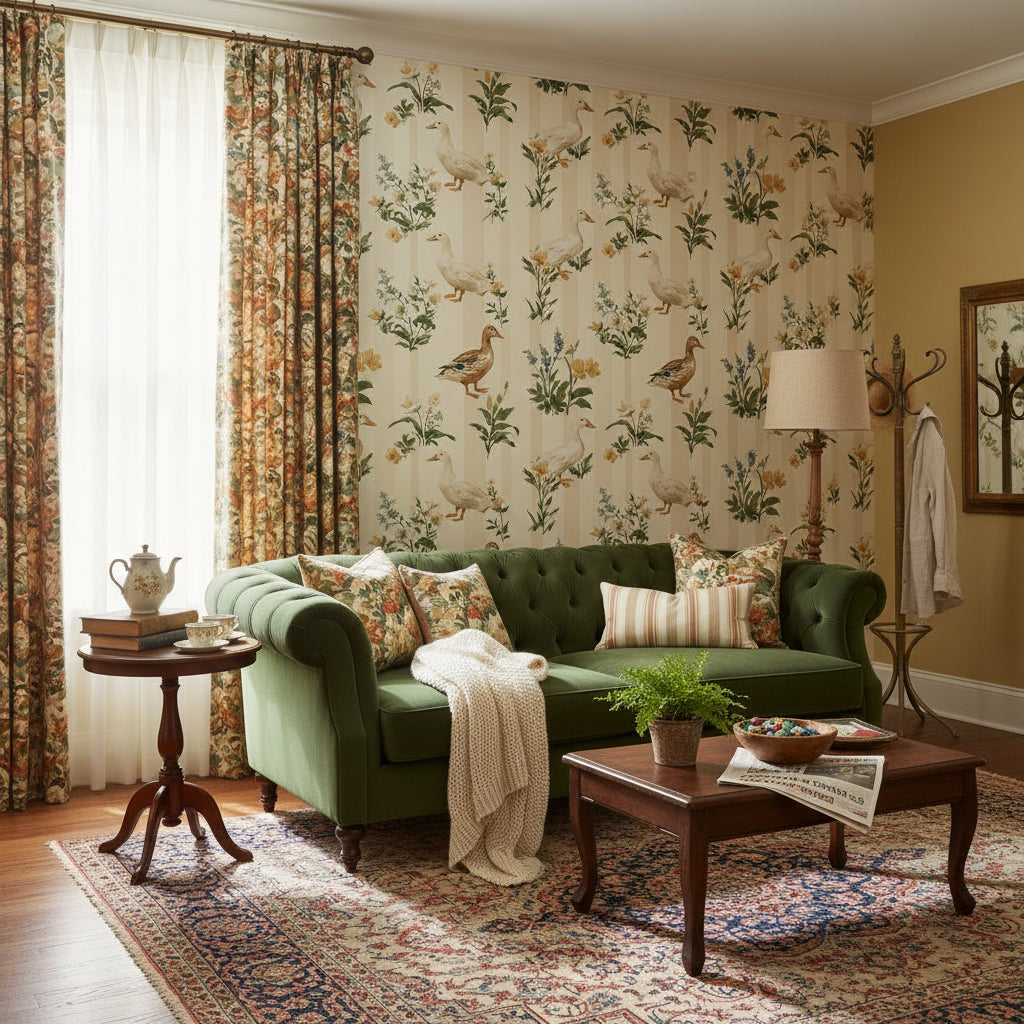 Cream Botanical Birds and Leaves Wallpaper