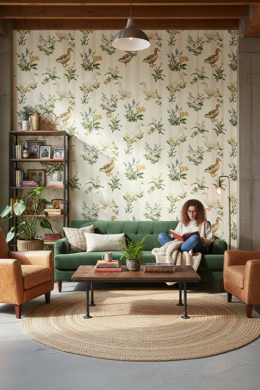 Cream Botanical Birds and Leaves Wallpaper