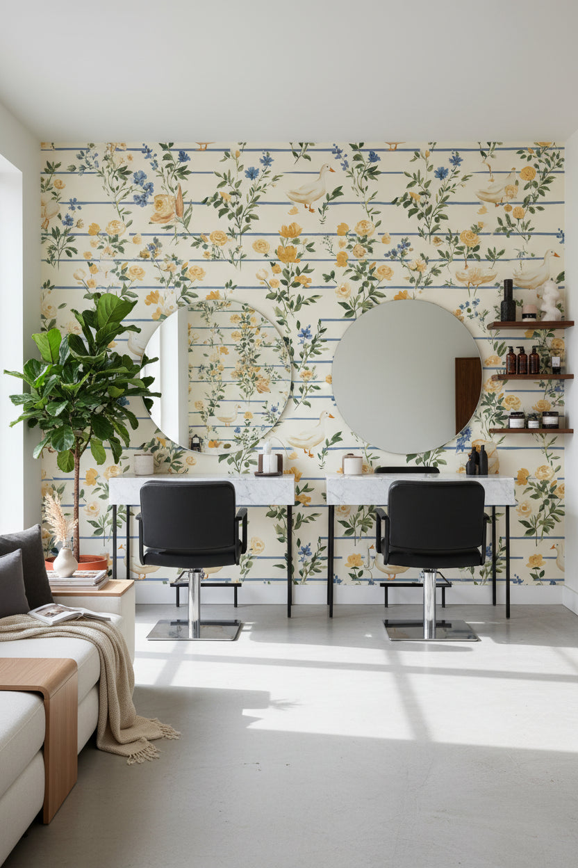 Cream Vintage Floral and Bird Pattern Wallpaper