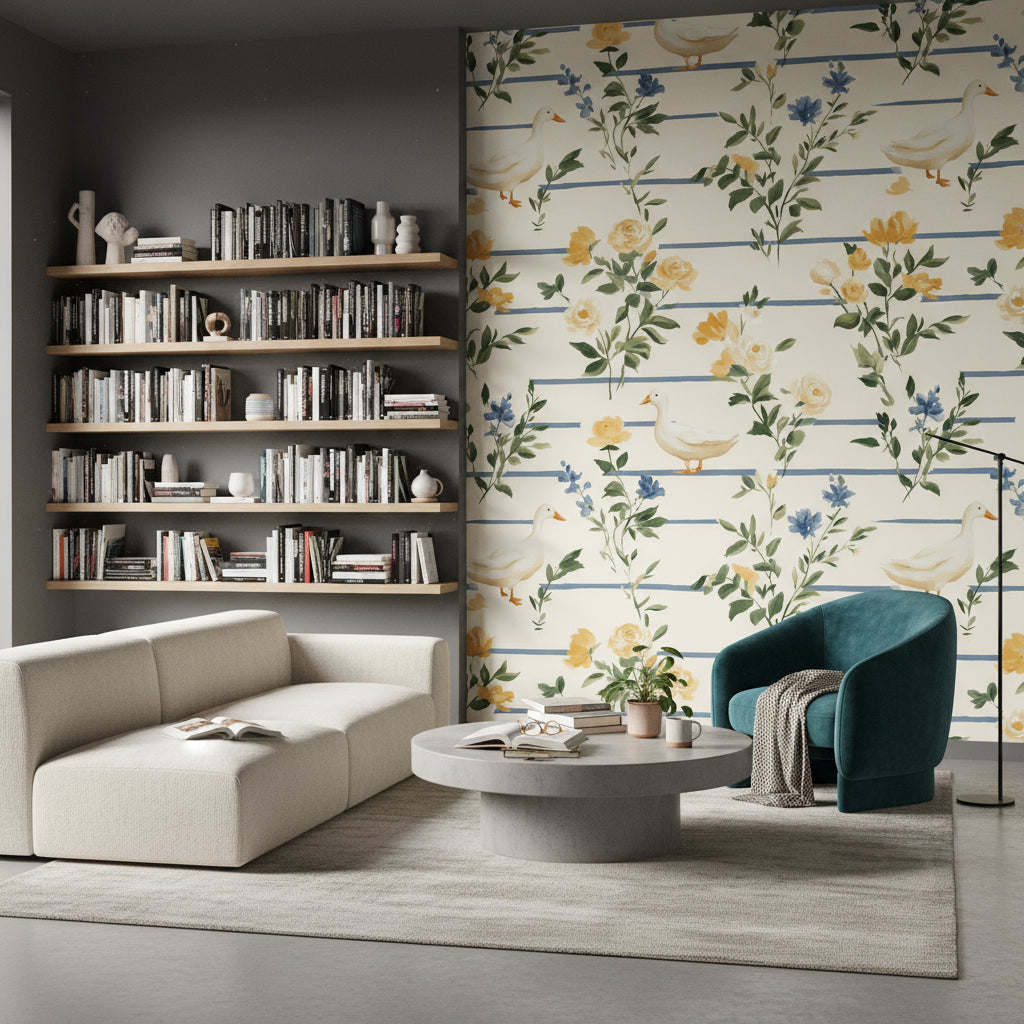 Cream Vintage Floral and Bird Pattern Wallpaper