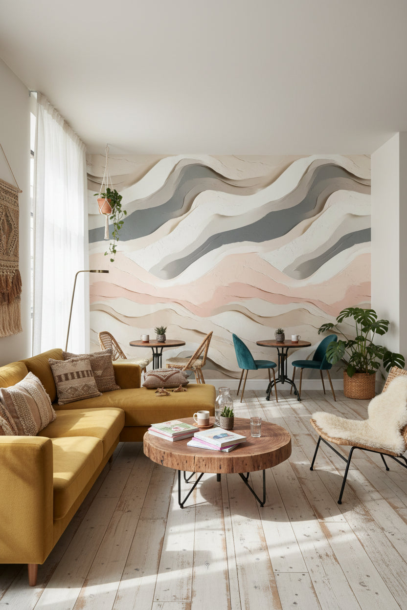 Blush Pink and Cream Abstract Wave Wallpaper