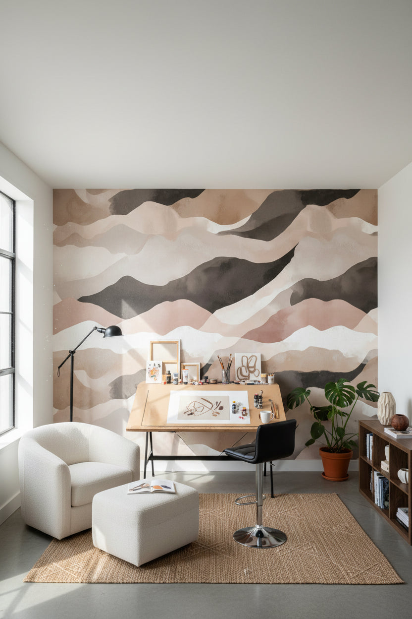 Blush and Beige Abstract Wave Wallpaper