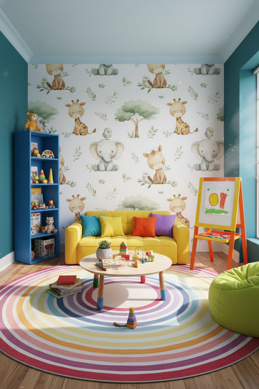 White Safari Animal and Leaf Kids Wallpaper