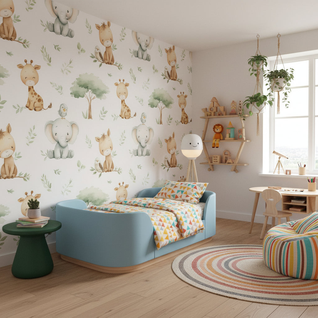 White Safari Animal and Leaf Kids Wallpaper
