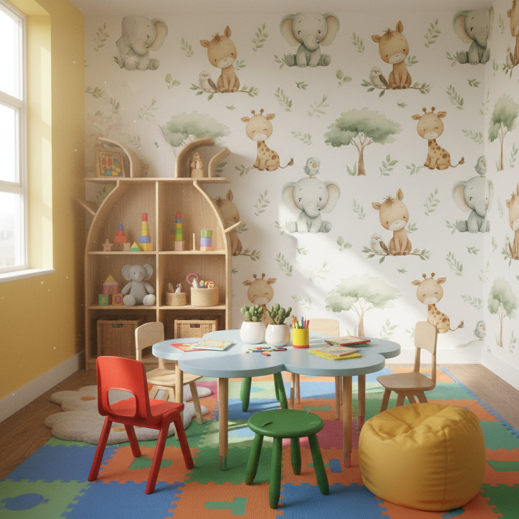 White Safari Animal and Leaf Kids Wallpaper