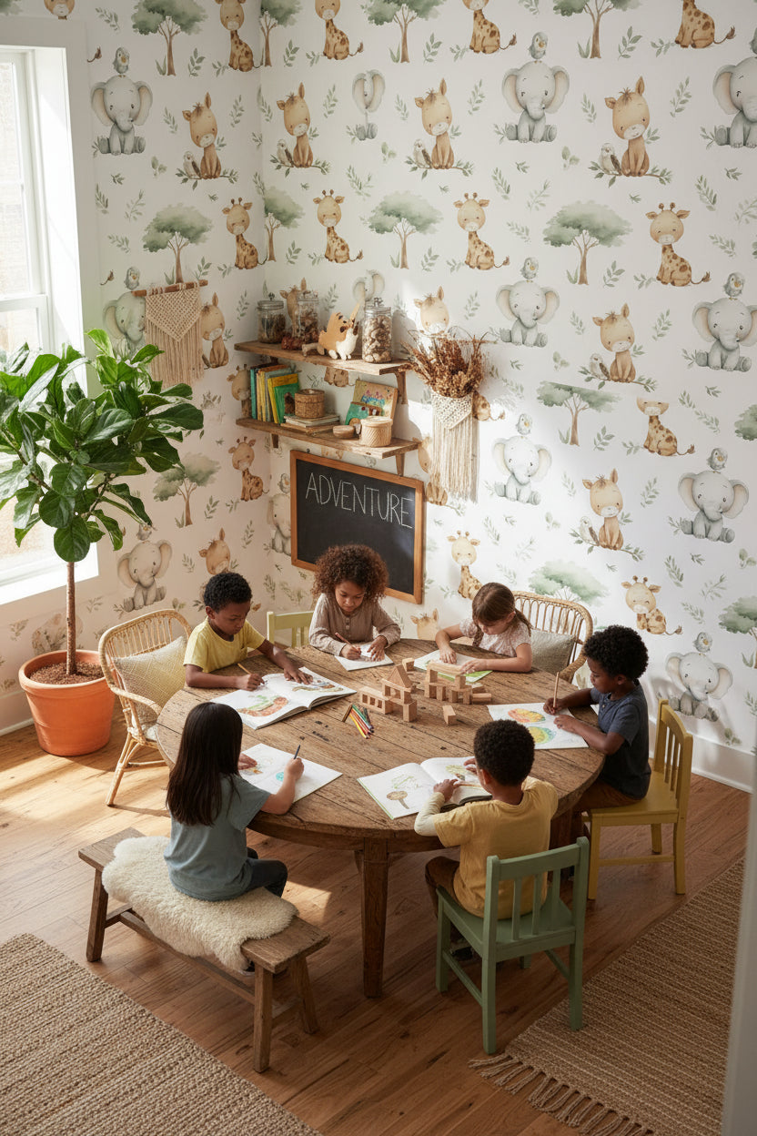 White Safari Animal and Leaf Kids Wallpaper