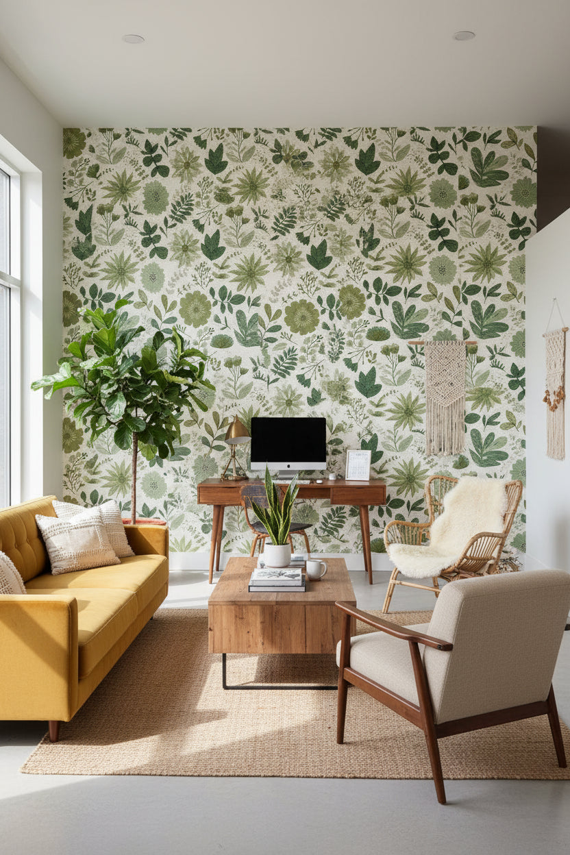 White and Green Botanical Floral Wallpaper