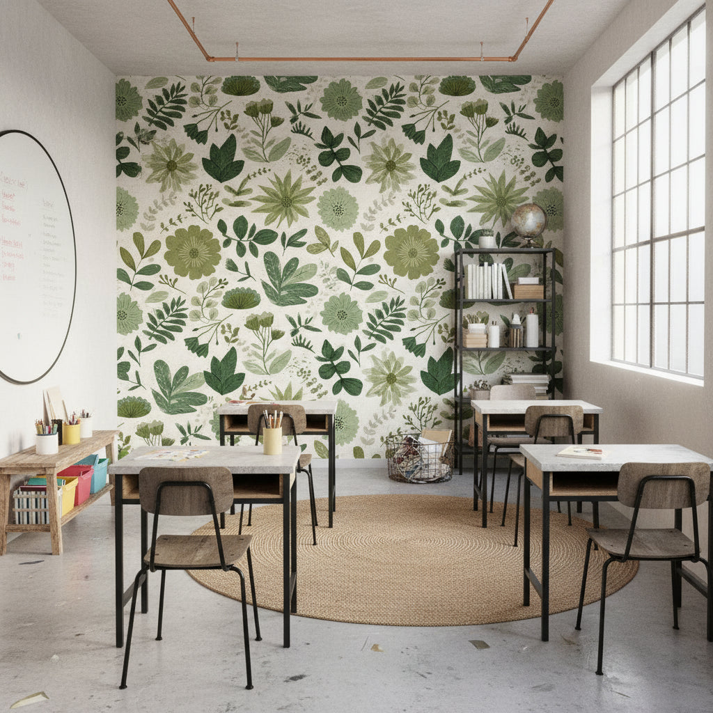 White and Green Botanical Floral Wallpaper
