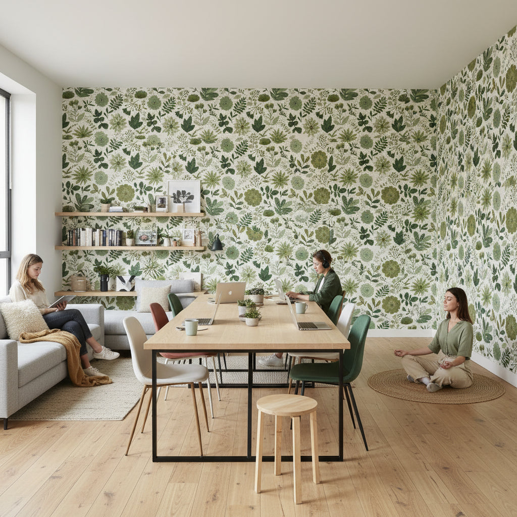 White and Green Botanical Floral Wallpaper