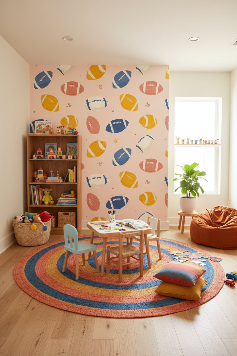 Blush Pink Multicolor Football Pattern Wallpaper