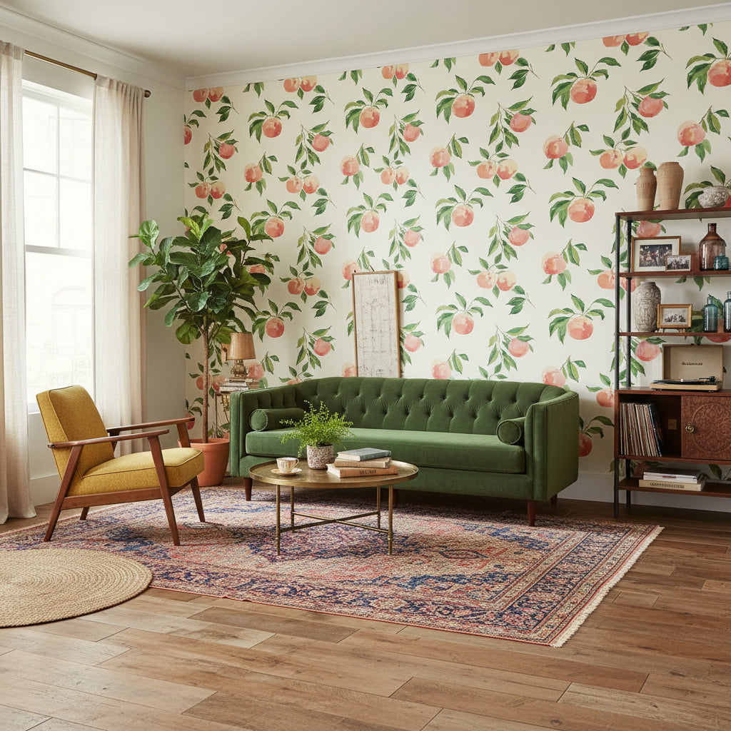 Cream Peach Botanical Pattern Wallpaper