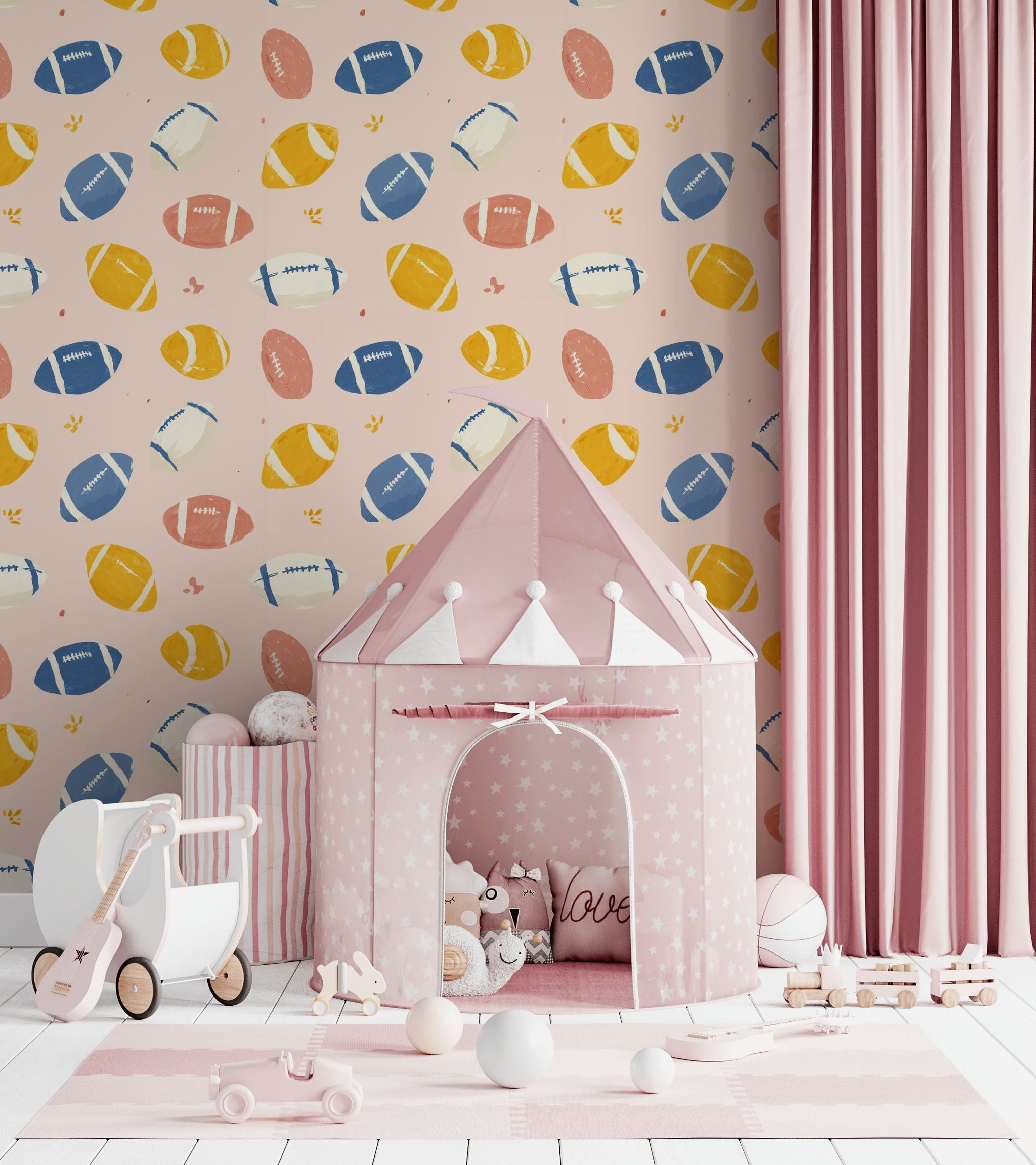 Blush Pink Multicolor Football Pattern Wallpaper