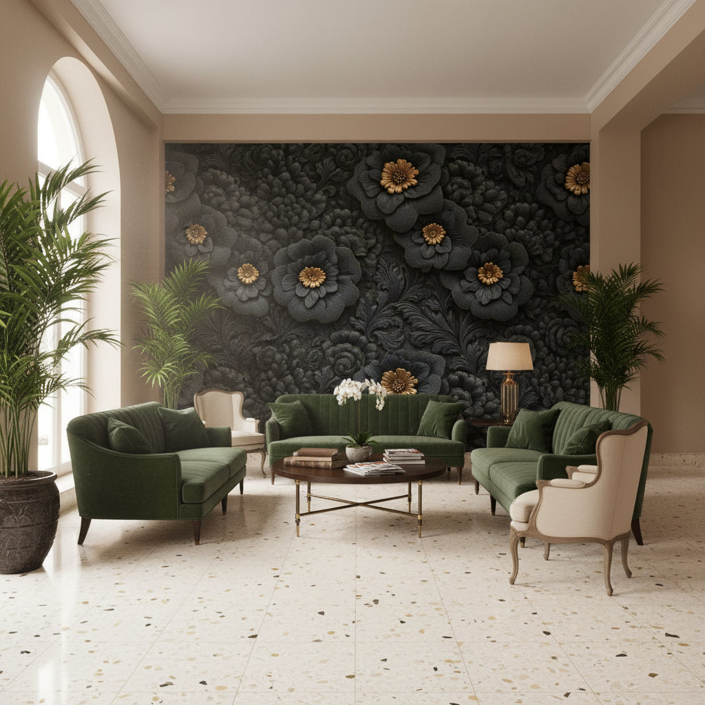 Gold Look Accented Black Floral Wallpaper