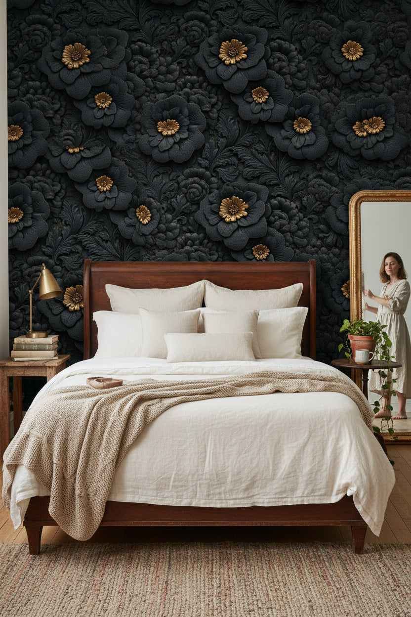 Gold Look Accented Black Floral Wallpaper