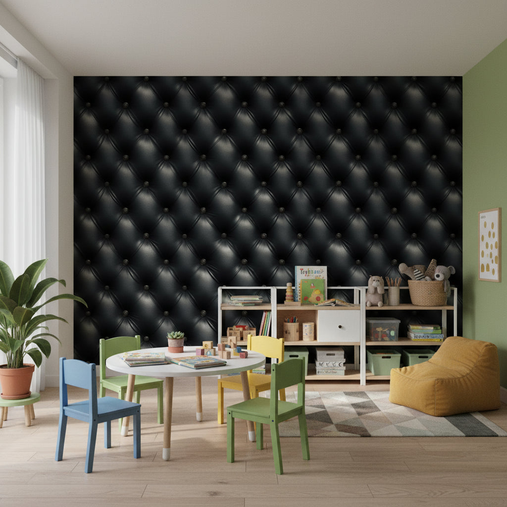 Leather Texture Wallpaper Button Accents Black Wall Mural