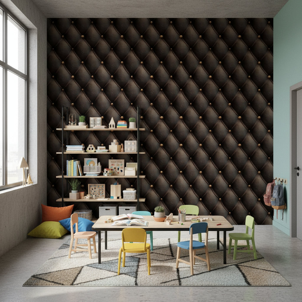 Rich Chocolate Brown 3D Tufted Leather Wallpaper