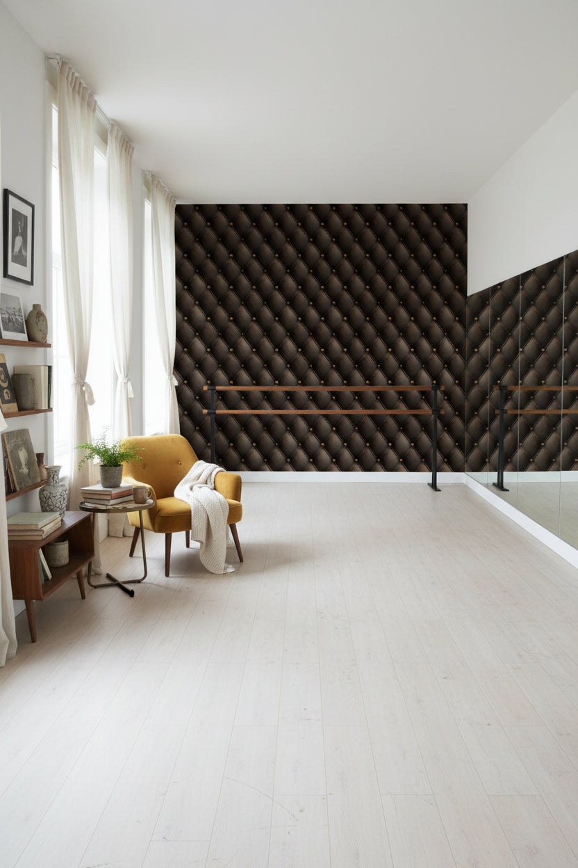 Rich Chocolate Brown 3D Tufted Leather Wallpaper