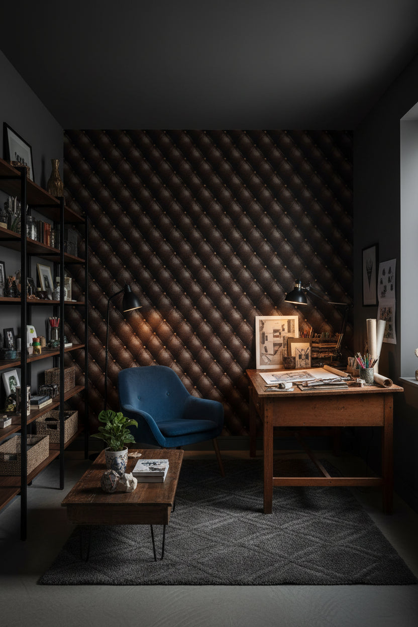 Rich Chocolate Brown Quilted Leather Wallpaper