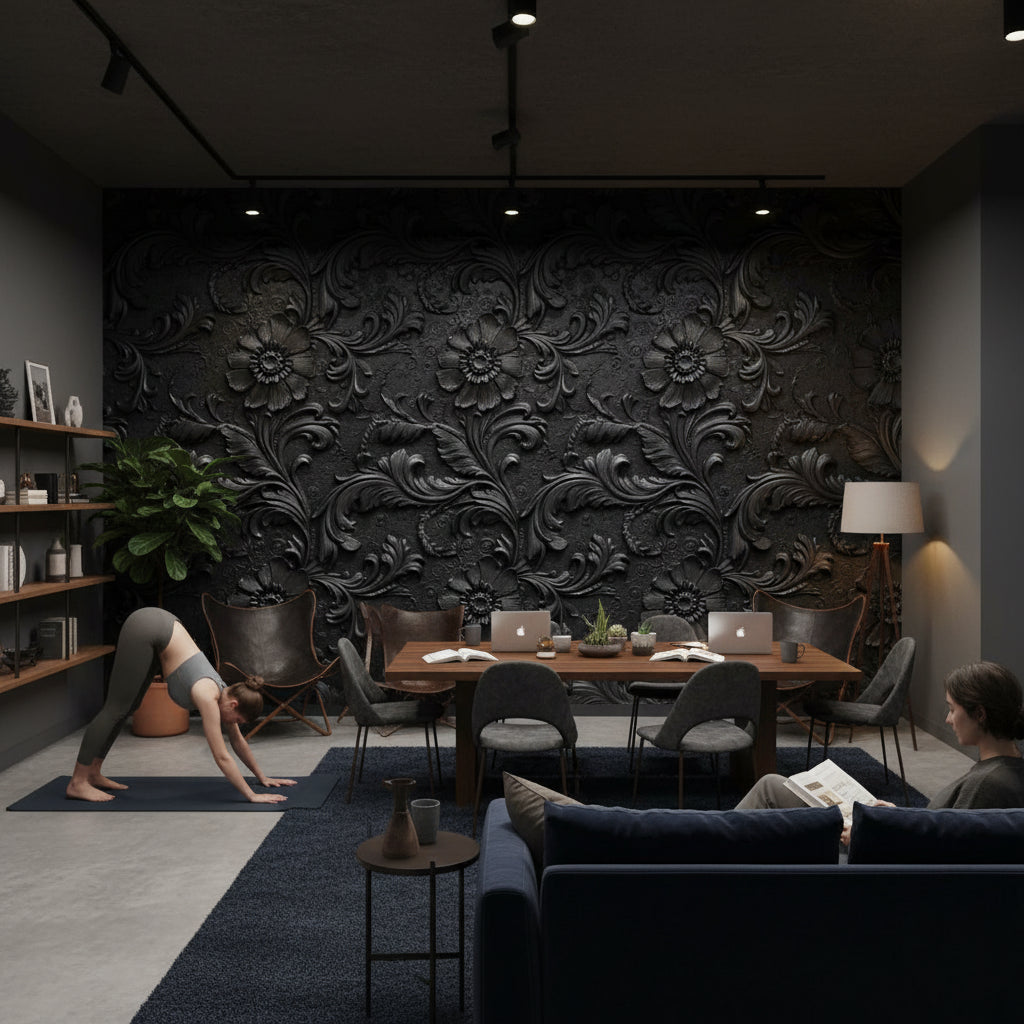 Floral Wallpaper Black Embossed Decorative Mural