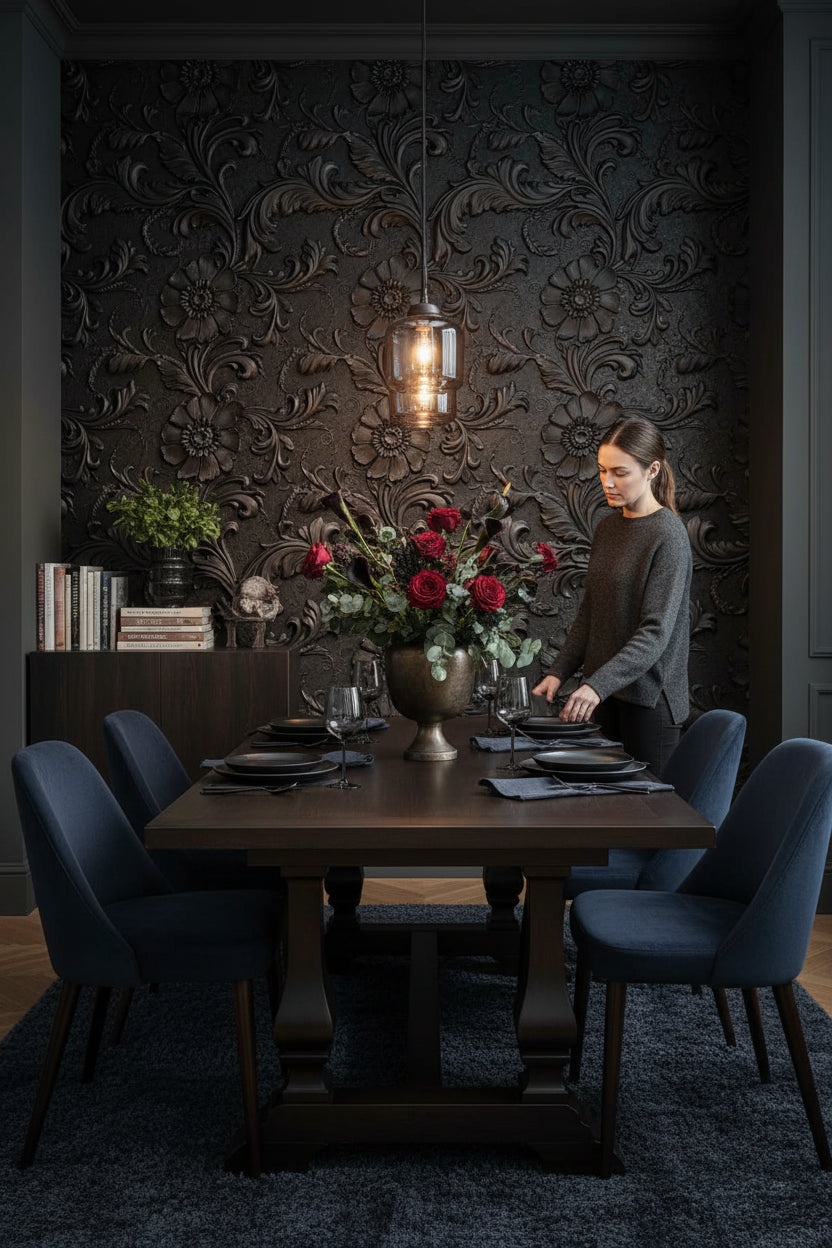 Elegant Black Embossed Floral Art Deco Wallpaper