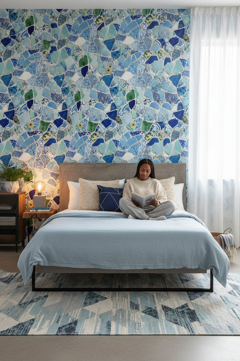 Mosaic Wallpaper Ceramic Blue Wall Double Roll