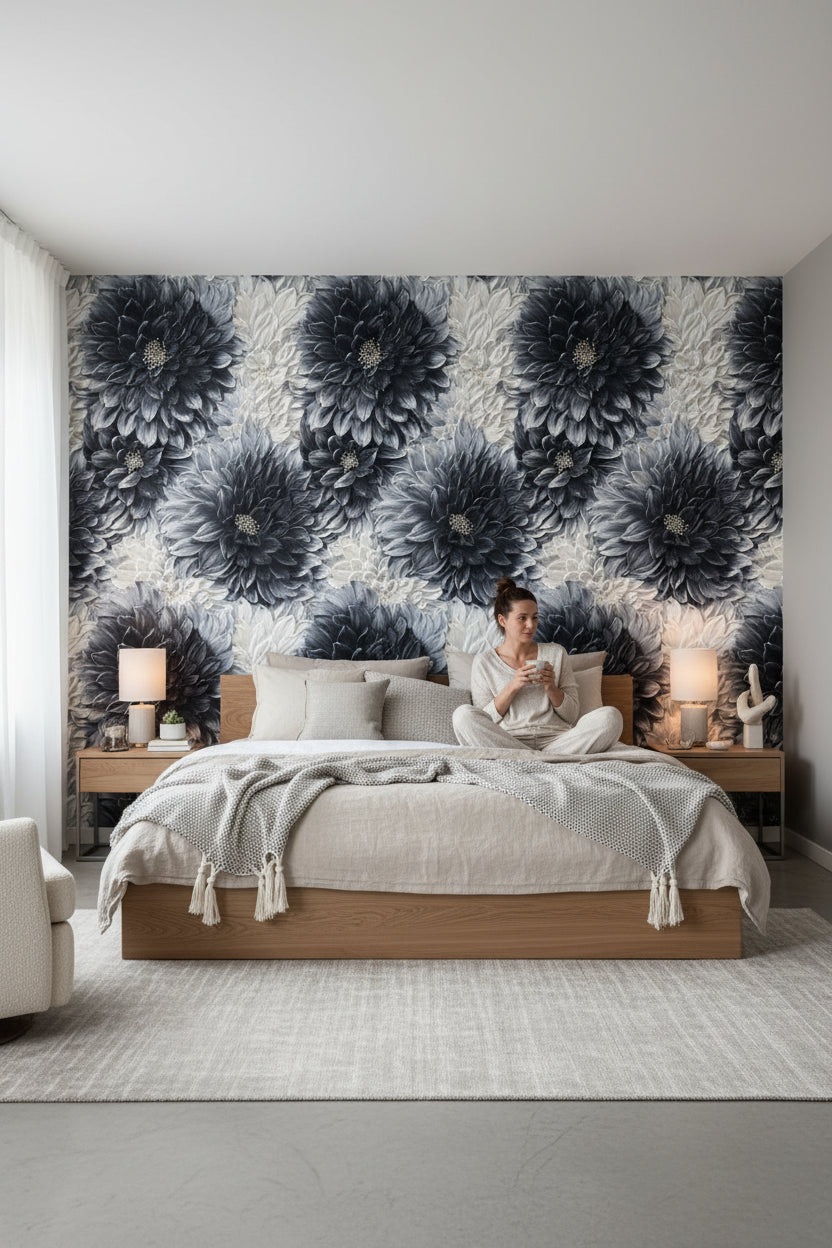 Monochrome Black Floral Statement Wallpaper