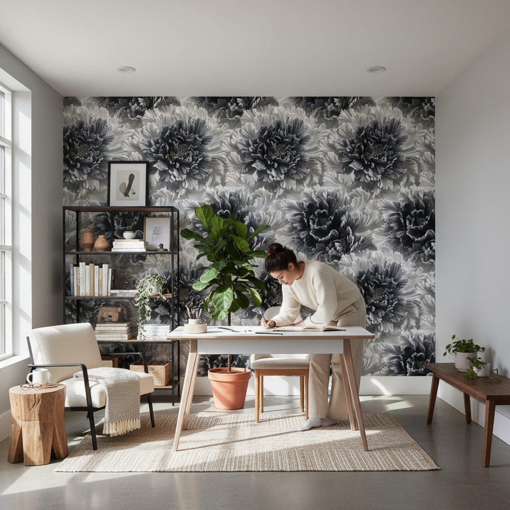 Monochrome Large Floral Pattern Wallpaper