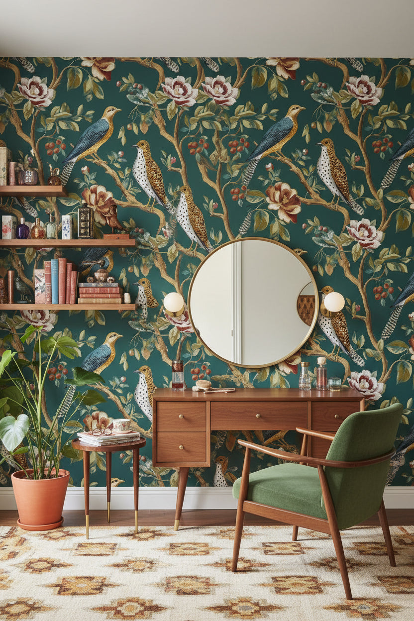 Emerald Green Floral and Bird Motif Wallpaper