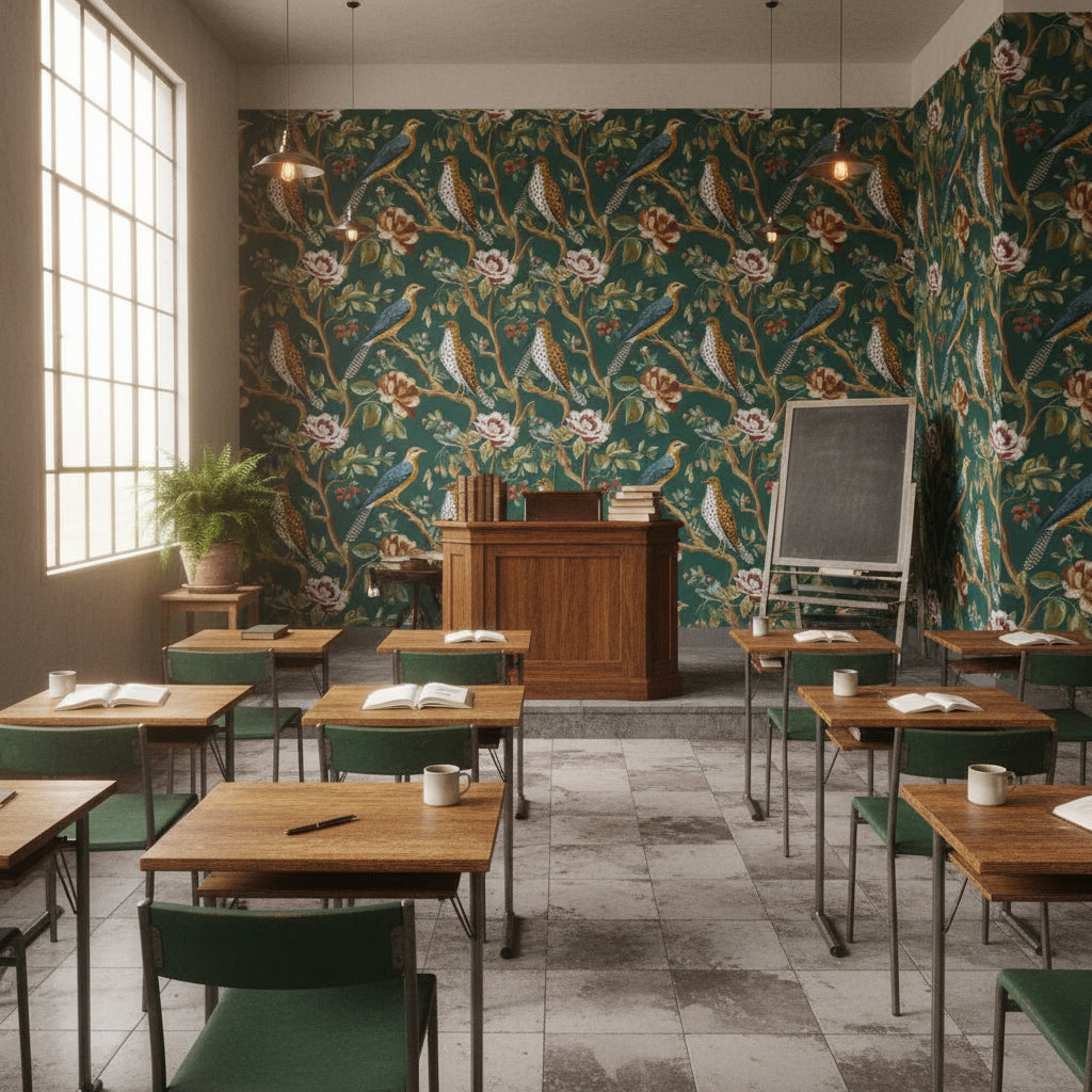 Emerald Green Floral and Bird Motif Wallpaper