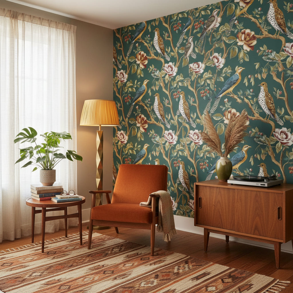 Emerald Green Floral and Bird Motif Wallpaper