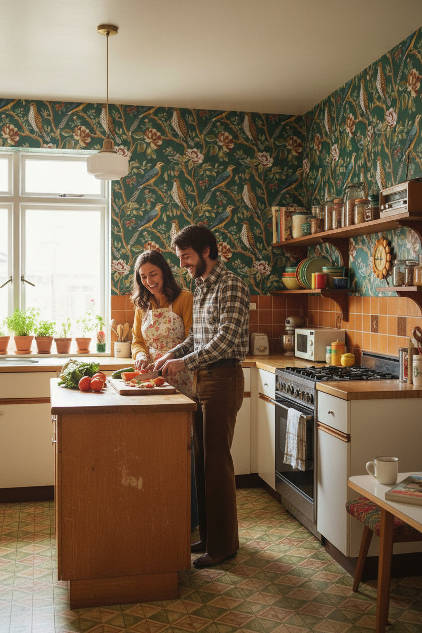 Emerald Green Floral and Bird Motif Wallpaper