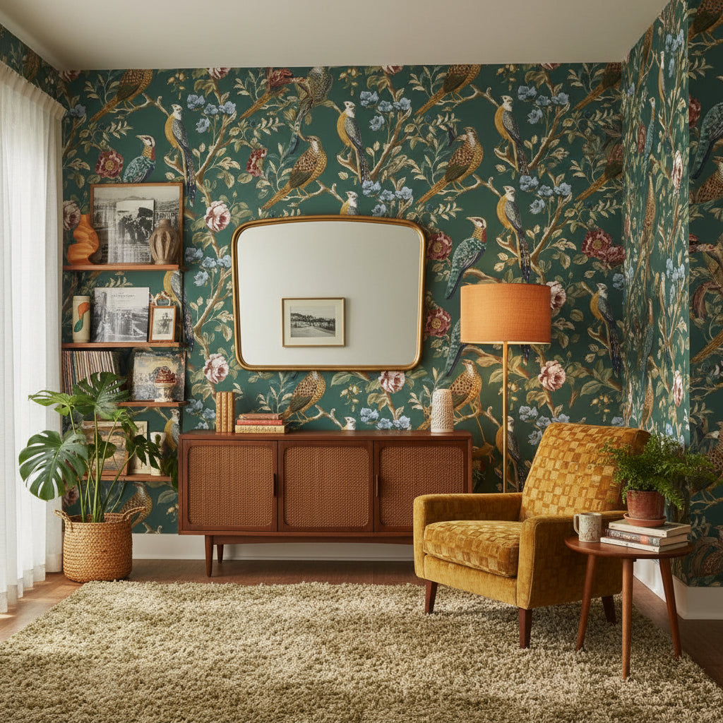 Emerald Green Bird and Rose Vintage Wallpaper