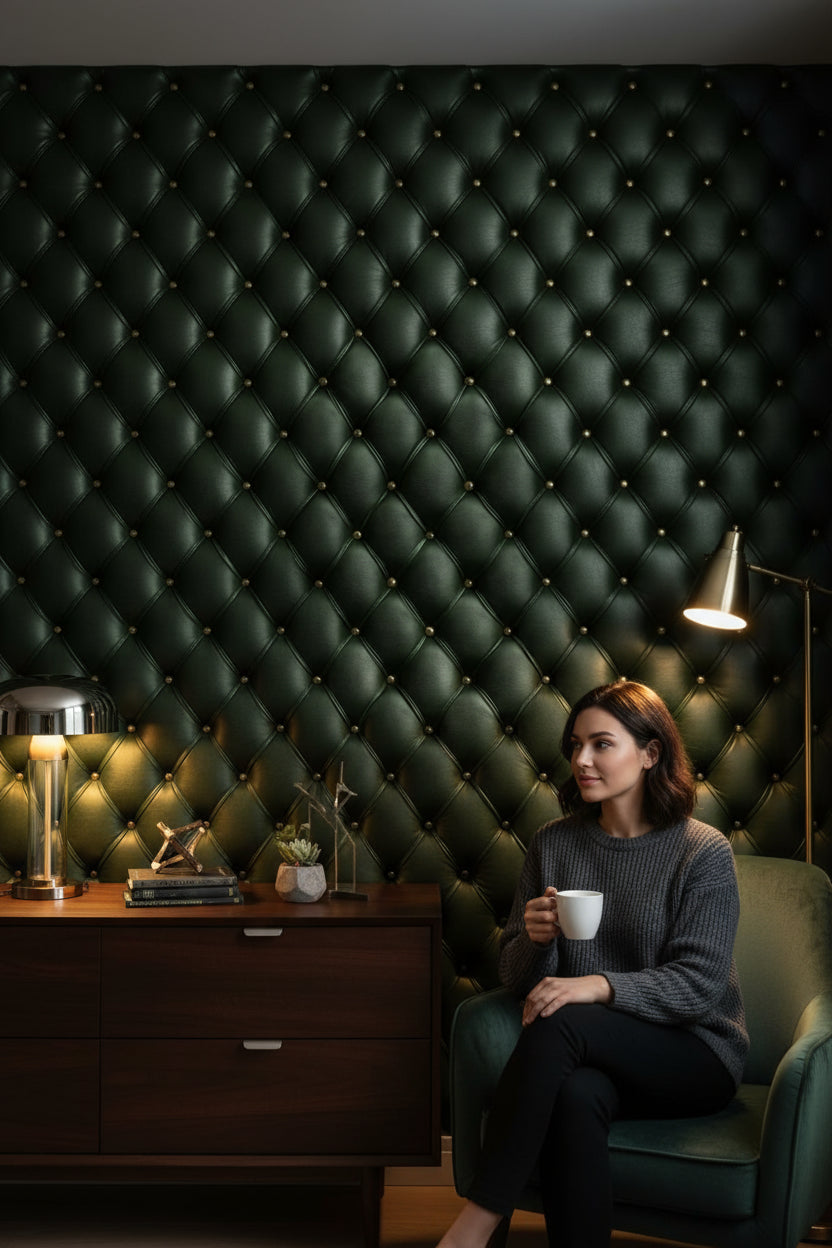 Emerald Green Quilted Leather Look Wallpaper
