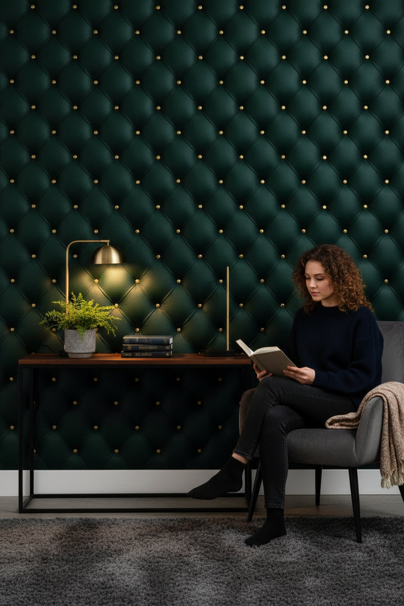 Emerald Green 3D Quilted Leather Texture Wallpaper