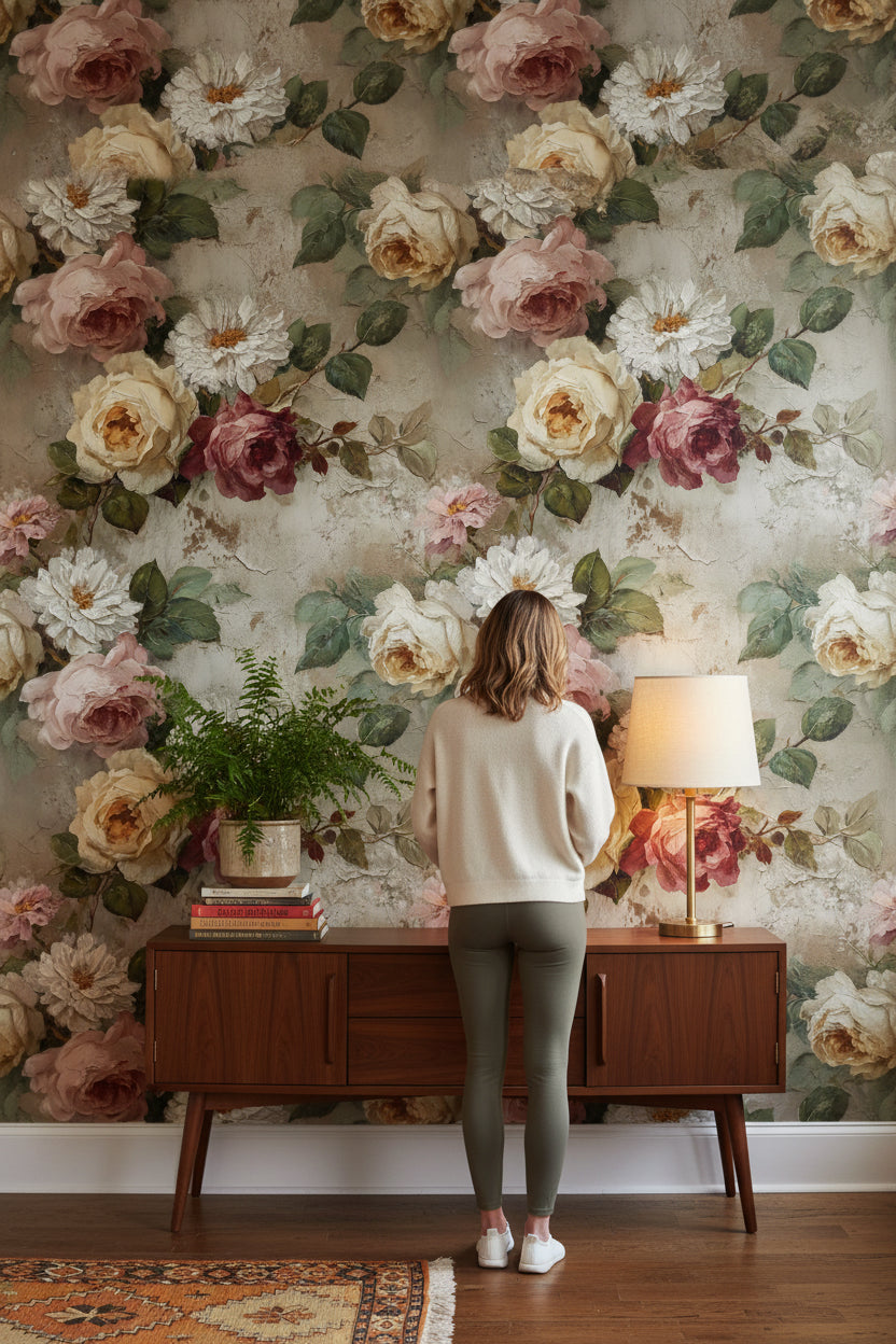 Floral Wallpaper Vintage Roses Wall Mural