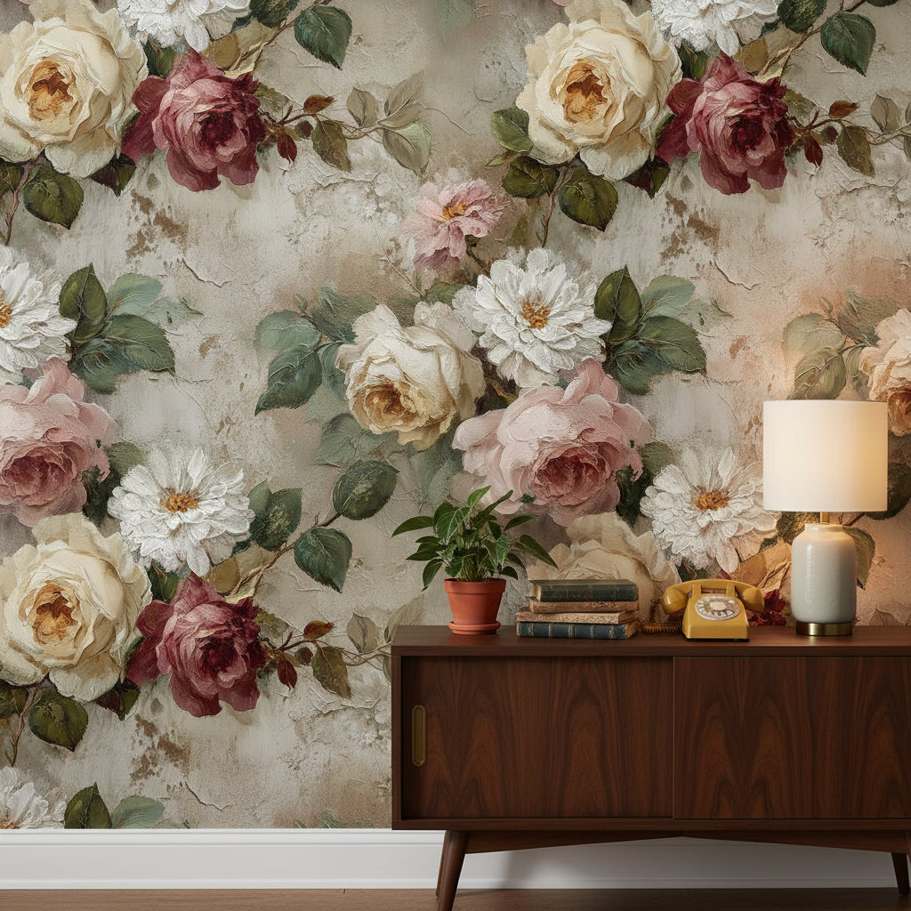 Vintage Beige Rose Floral Wallpaper