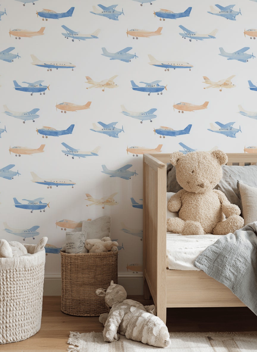 White Background Wallpaper Airplanes Playful Wall Mural